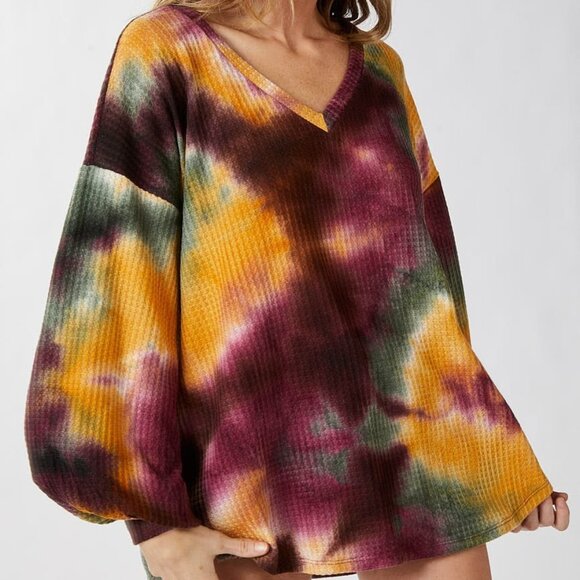 BIBI Tie Dye Waffle Knit Oversized Long Sleeve Shirt - Picture 3 of 16